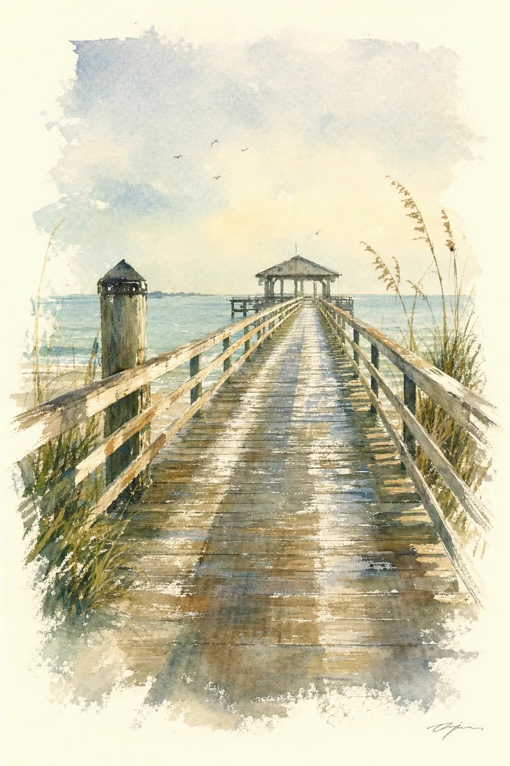 Watercolor looking down the long wooden planks of the City Pier in early morning