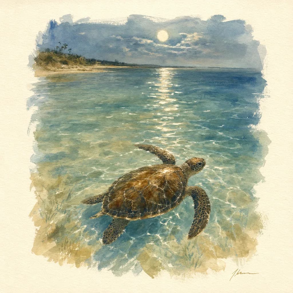 Watercolor of a loggerhead turtle in moonlit shallows, seen from above