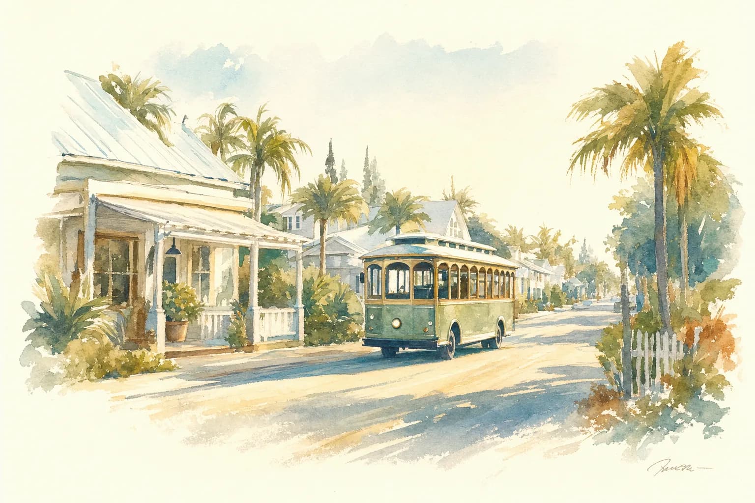 Watercolor of the island trolley rolling past white cottage storefronts on Pine Avenue