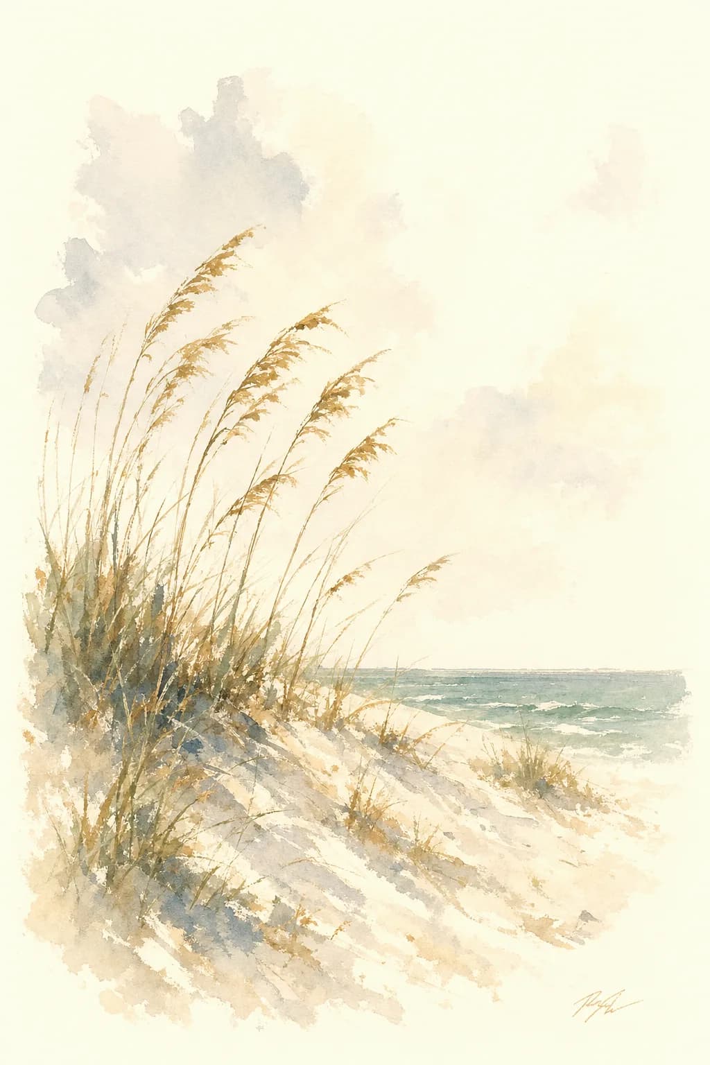 Watercolor of golden sea oats on a sugar-white dune