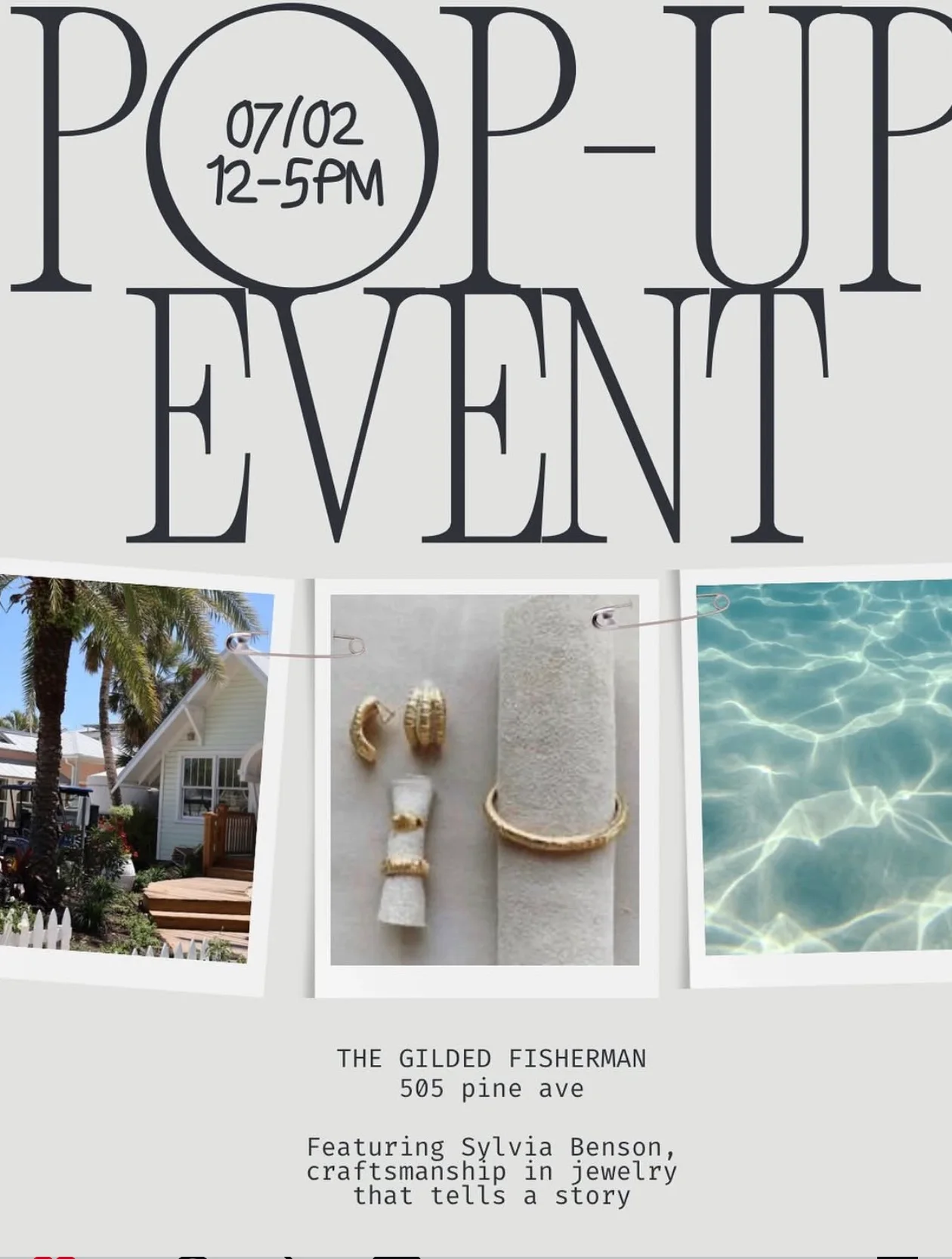 Pop-up event flyer: July 2, noon to 5, featuring Sylvia Benson jewelry at The Gilded Fisherman