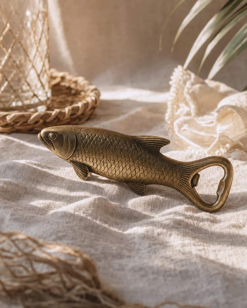 Brass Fish Bottle Opener. A heavy little tarpon that earns its keep on the bar.