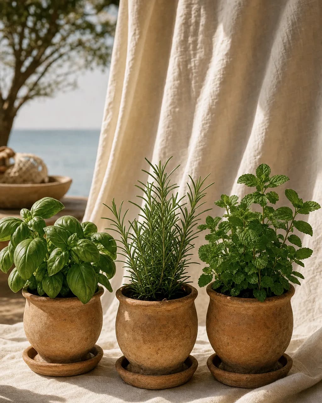 Hand-Thrown Terracotta Herb Trio. Three footed pots with drainage, for the kitchen windowsill.