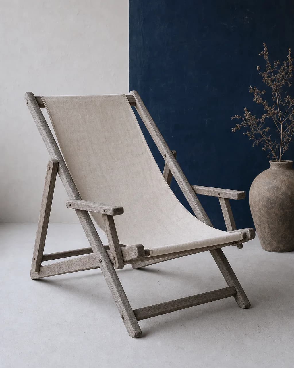 Weathered Teak Deck Chair. Reclaimed teak, folds flat, silvers beautifully outdoors.