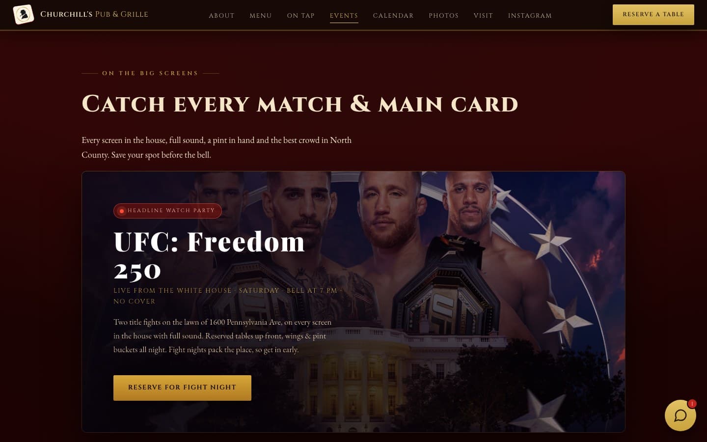 The concept demo's events calendar — watch parties and recurring nights