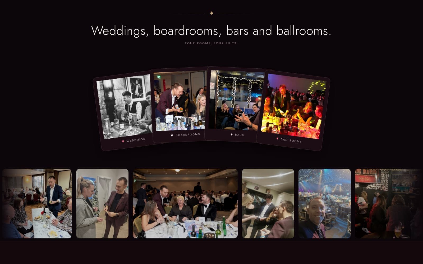 The gallery spread — four of Neil's own photographs held like a hand of cards, one suit per room