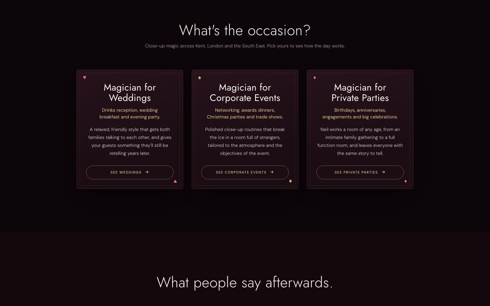 The three service cards — weddings, corporate events and private parties, each a single link with the destination named on the button