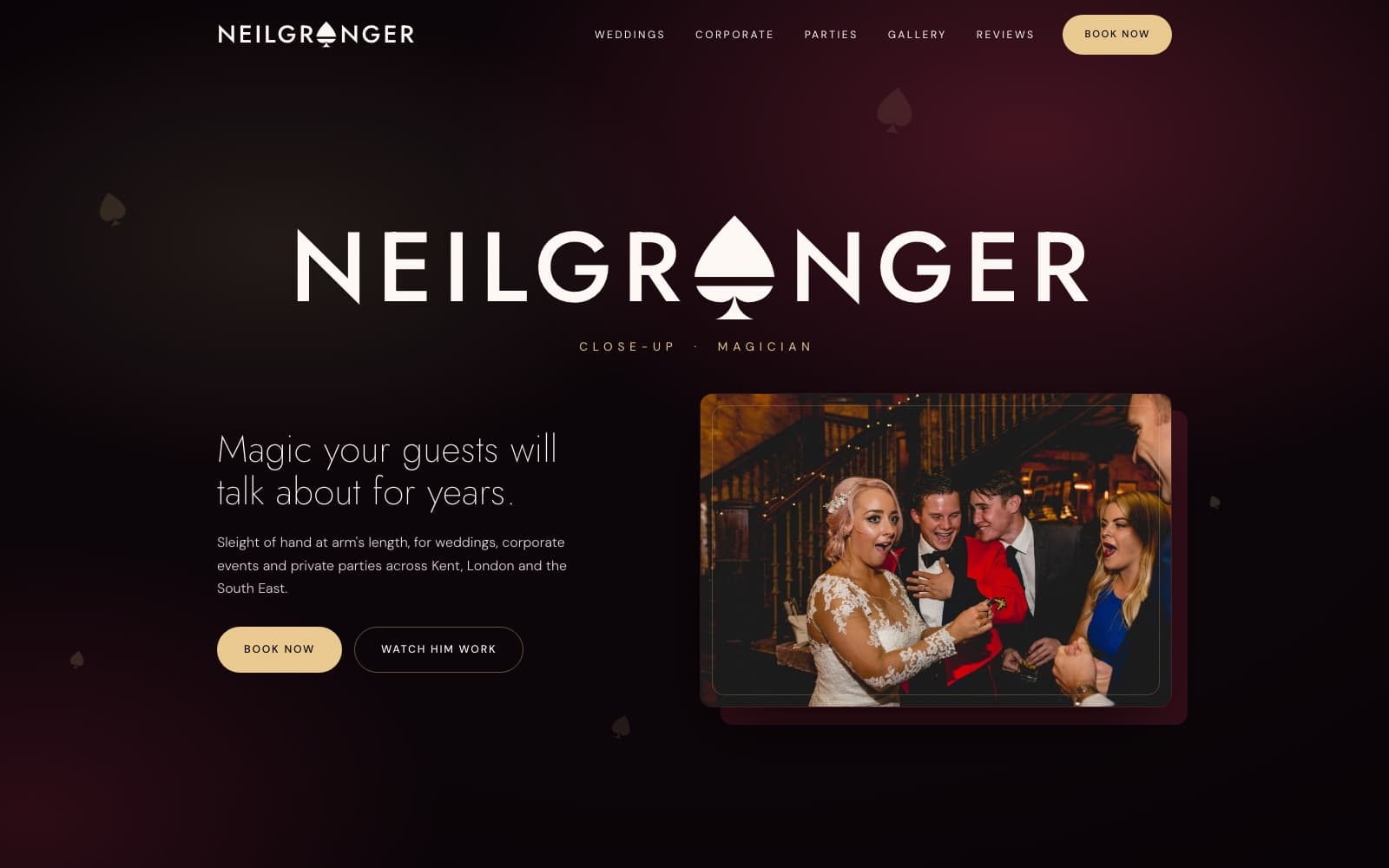 The Neil Granger Magic homepage — the spade-as-A wordmark in gold over a near-black burgundy hero