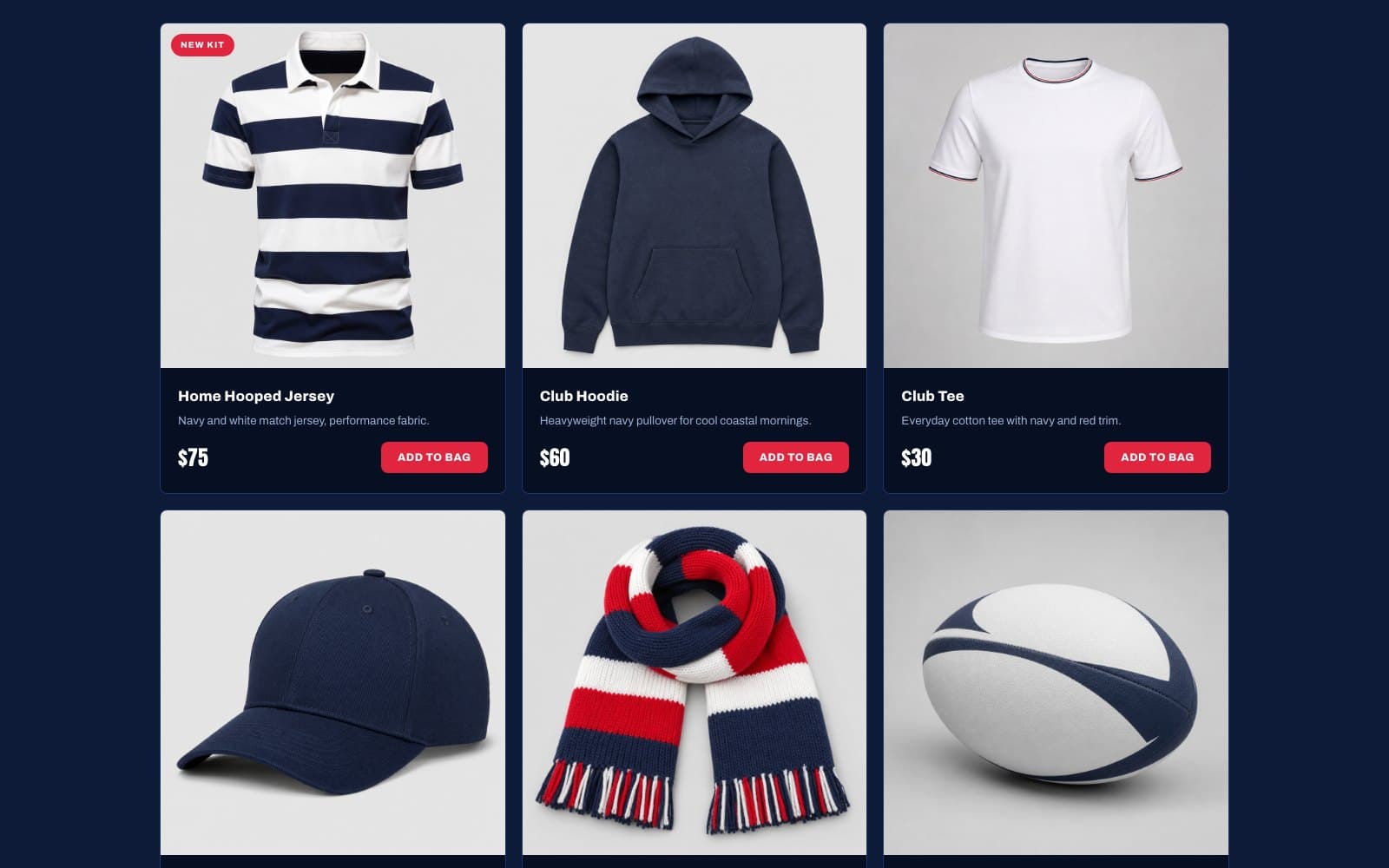 The concept demo's club shop — kit and supporters gear with a working bag