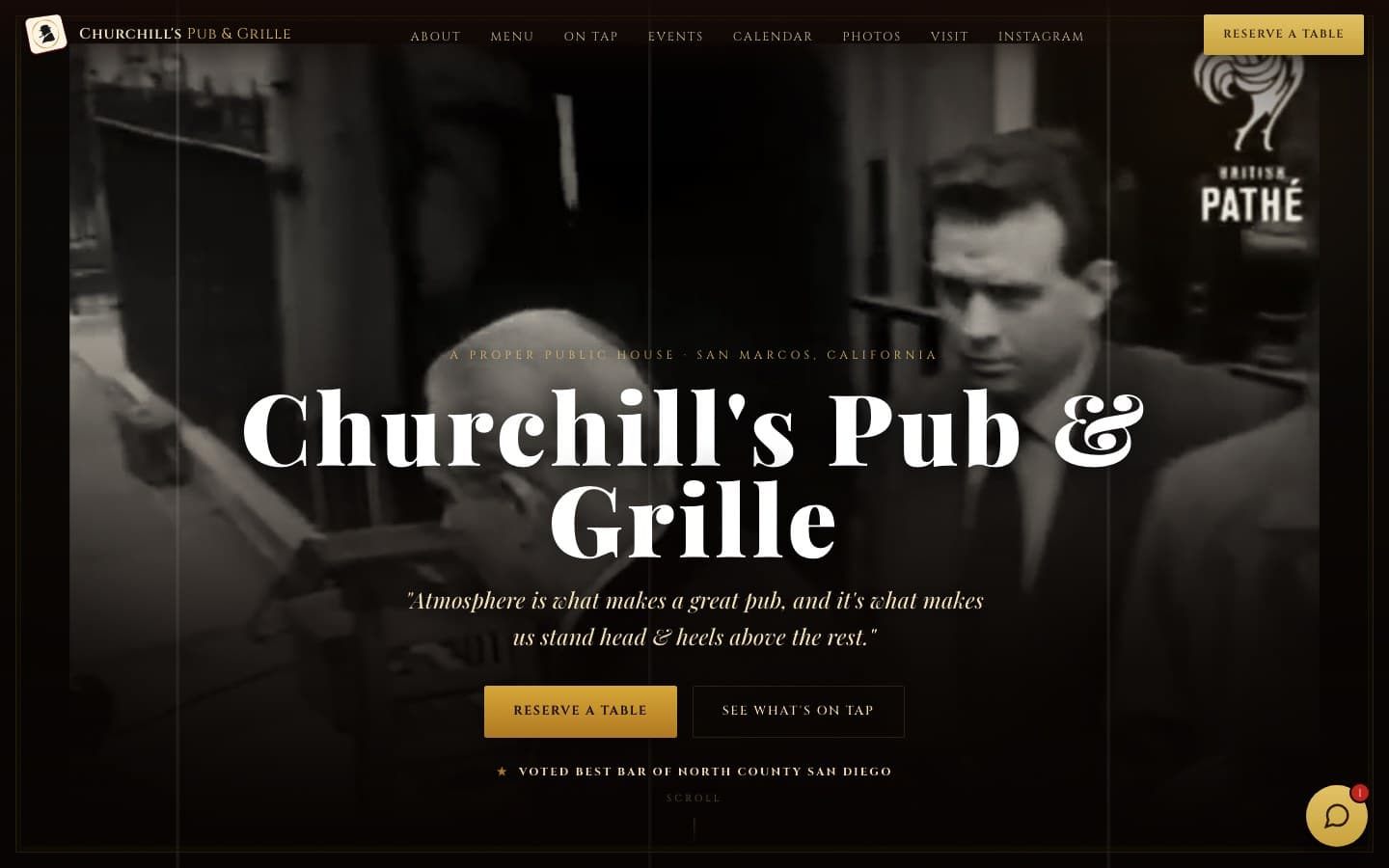 The Churchill's Pub & Grille concept demo homepage, with a vintage newsreel-style hero