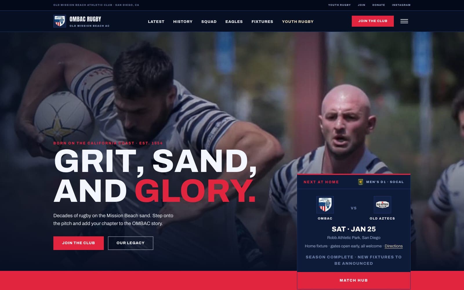 The OMBAC Rugby home page — a dark match-day layout over club photography, with the next home fixture alongside the headline