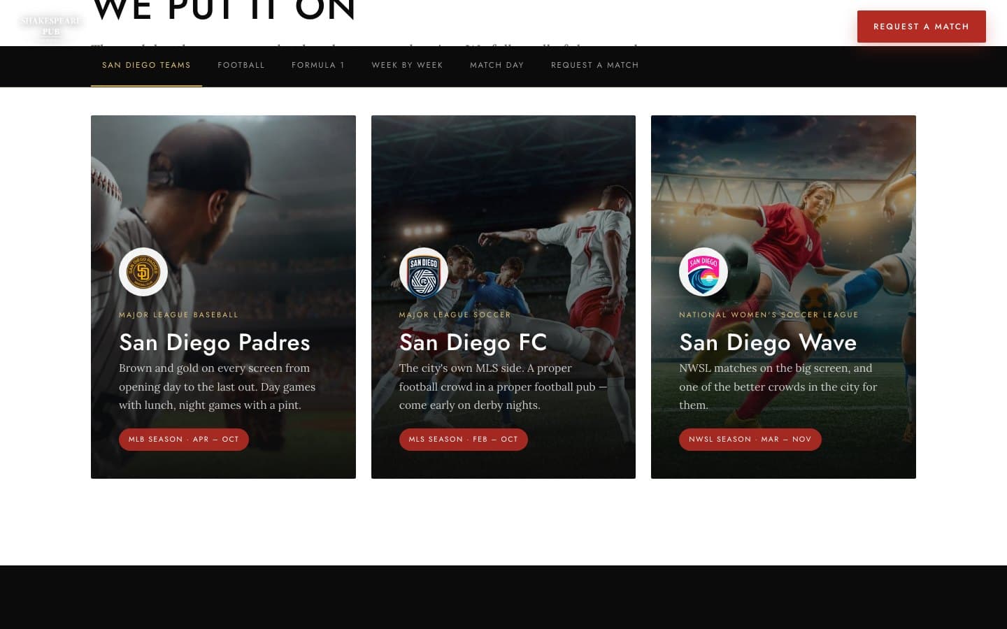 The live sport page — the Padres, San Diego FC and the Wave as full-bleed club panels