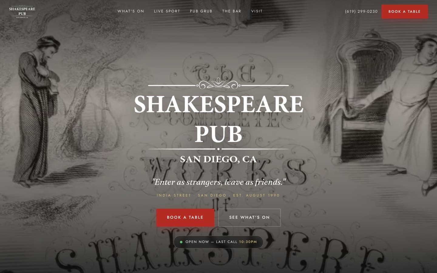 The Shakespeare Pub concept demo home page, the pub's wordmark over an archival Shakespeare montage