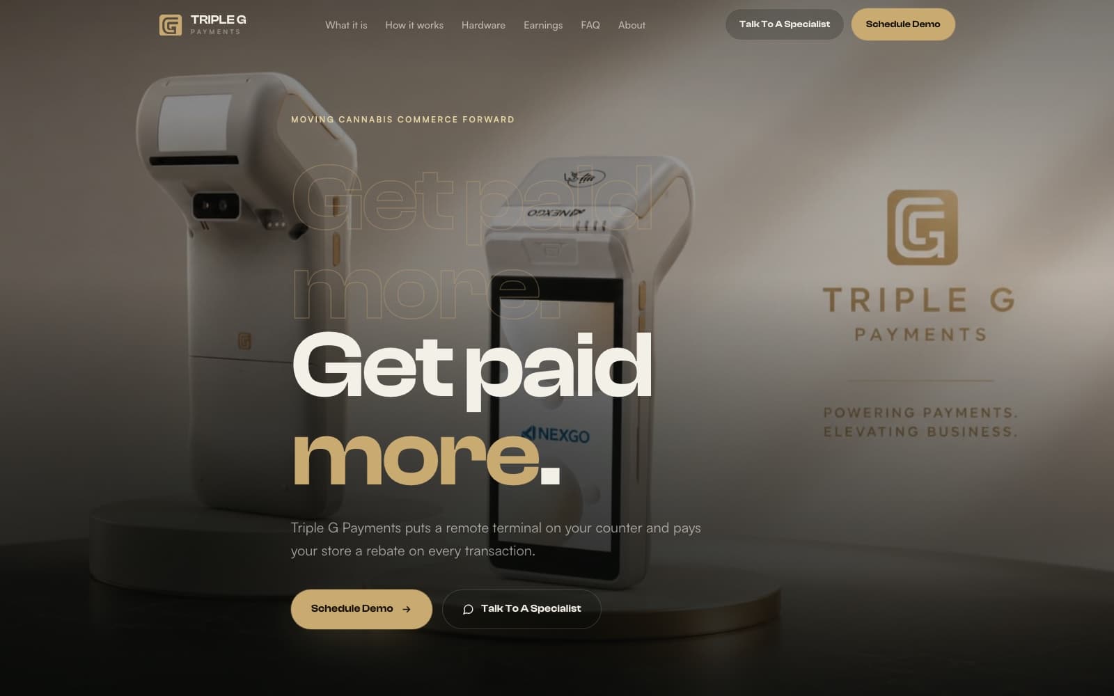 The Triple G Payments homepage — gold-on-black hero over the cannabis payment infrastructure headline
